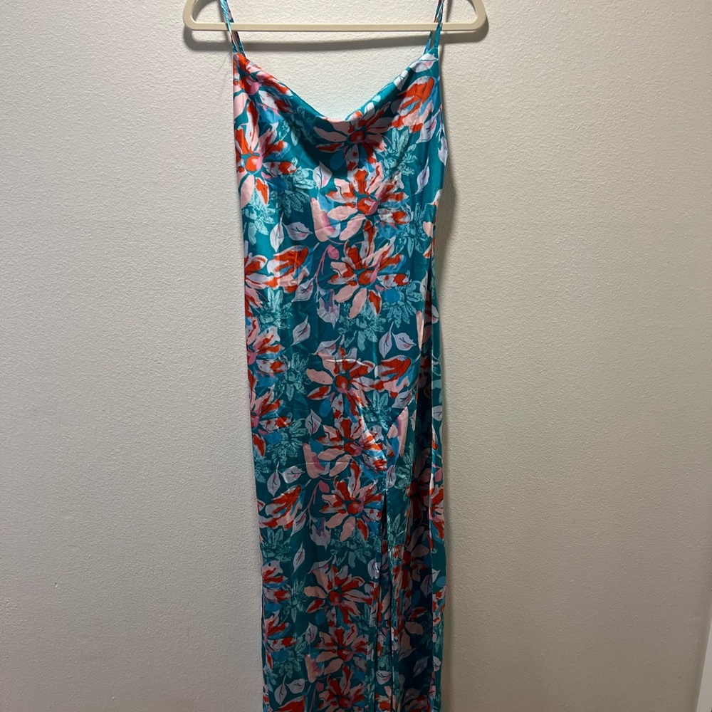 Satin floral maxi dress with slit
